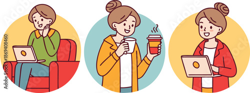 Woman using laptop in different settings and activities daily life