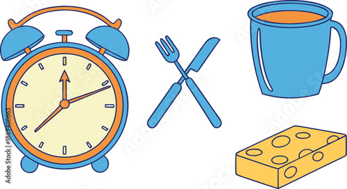 Breakfast time with alarm clock and food utensils