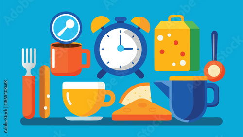 Breakfast table setting with alarm clock and morning routine items
