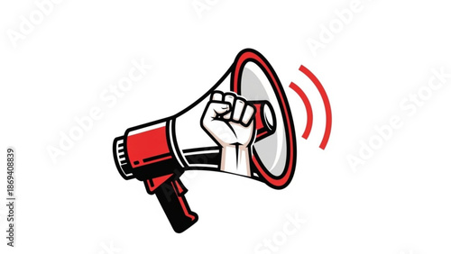 Megaphone with Fist Hand Holding Loudspeaker, Announcement, Protest and Isolated on White Background