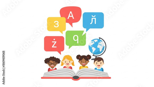 Diverse Children Learning Languages from Open Book with Speech Bubbles and Globe
