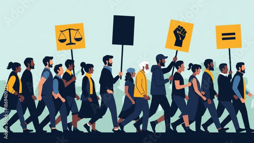 Diverse Protesters Marching with Signs for Equality and Justice