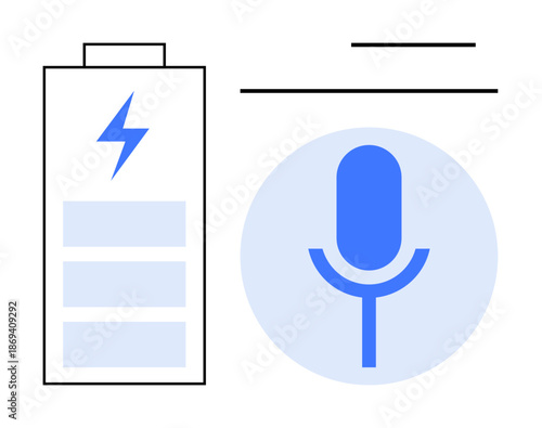Energy efficiency, sound recording, voice control, podcasting, renewable energy, smart devices. Battery and microphone graphic. Energy efficiency and sound recording concept