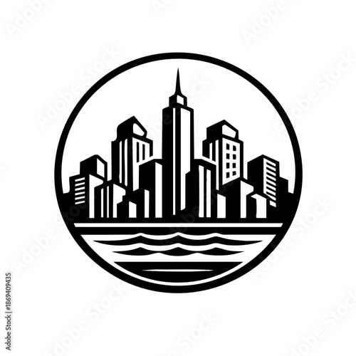 Geometric city skyline badge logo, simplified high-rise buildings