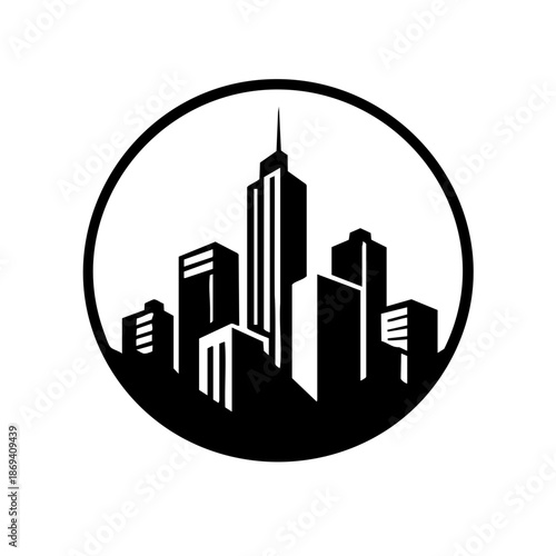 Minimal urban skyline badge with skyscrapers and rooftops inside a round frame