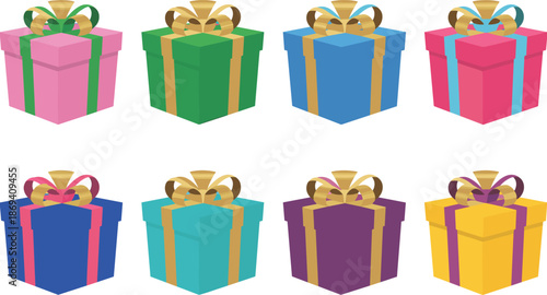 Set of colorful 3D gift boxes with golden ribbons and bows festive presents collection isolated on white background