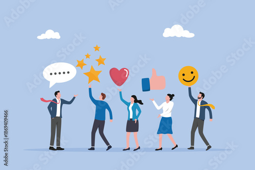 Customer feedback, young adult people giving emoticon feedback such as stars, thumbs up, user experience or client satisfaction, opinion for product and services, review rating or evaluation concept.