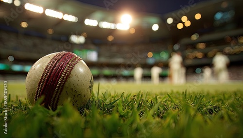 Cricket ball on grass field, stadium background, golden hour lighting, cinematic shot