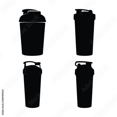 Collection of diverse protein shaker bottle silhouettes for fitness and workout supplements