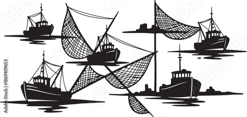 Fishing Boats with Nets on Calm Water Illustration