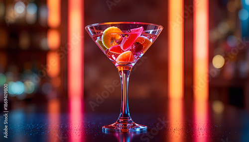 Cocktail Glass with Colorful Fruit Garnish