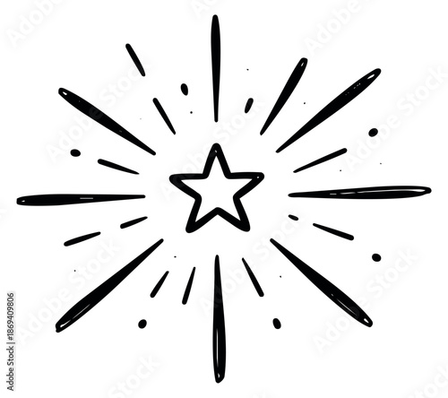 Hand drawn line art illustration of a star burst depicting a radiating glow effect for celebration and achievement