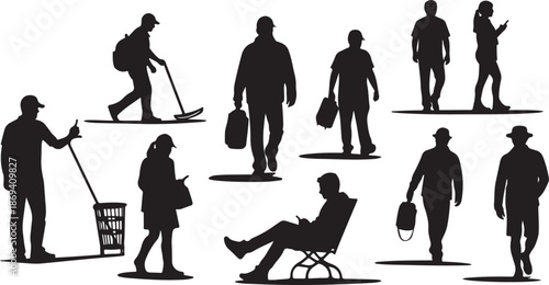 Silhouettes of people in various poses and activities