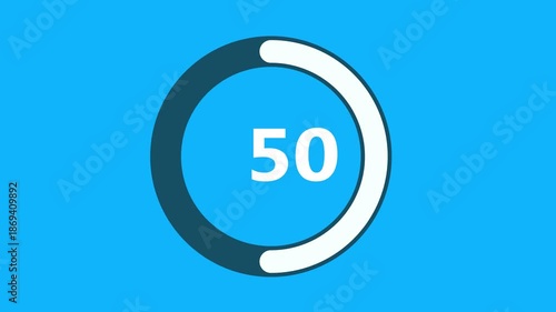 Numerical counting from 0 to 100. blue background. Circular progress bar with bright neon white light , countdown white animation timer circle countdown, 