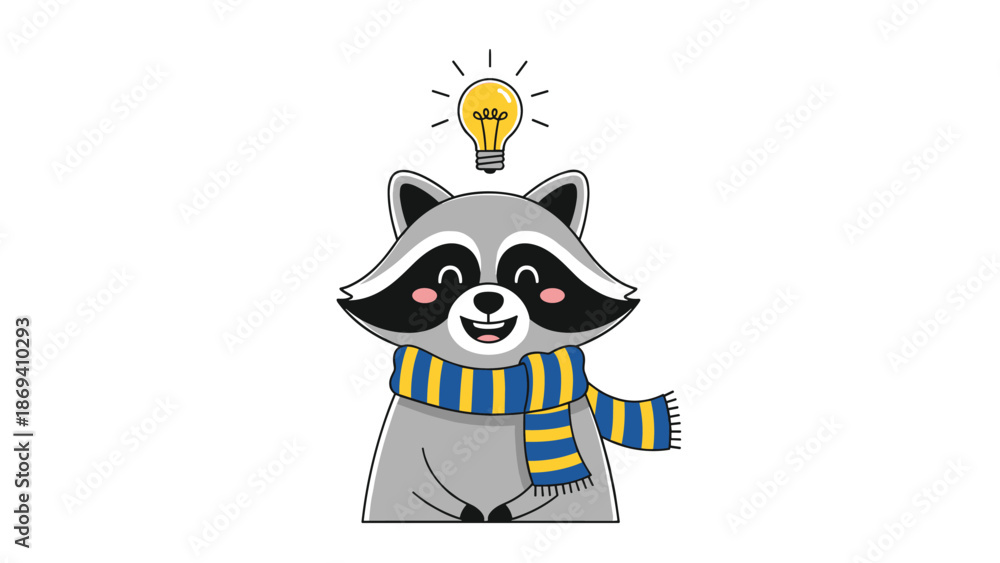 Fototapeta premium Raccoon character with light bulb idea and striped scarf vector