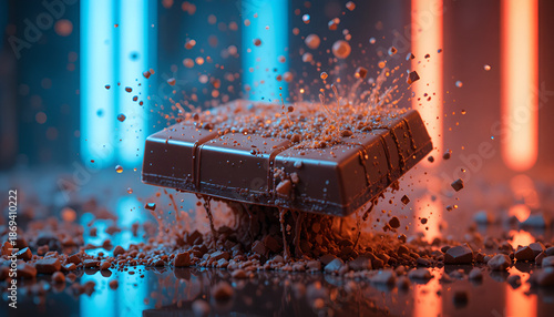 Chocolate Bar with Flying Cocoa Crumbs in Motion