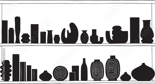 Black silhouettes of various ceramic vases and bottles