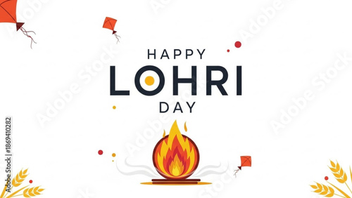 Vibrant lohri day celebration graphic with fire pit kites and wheat decorations on white background with Happy Lohri and Indian festival and Punjabi festival