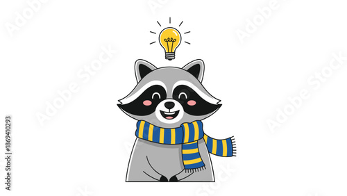 Raccoon character with light bulb idea and striped scarf vector