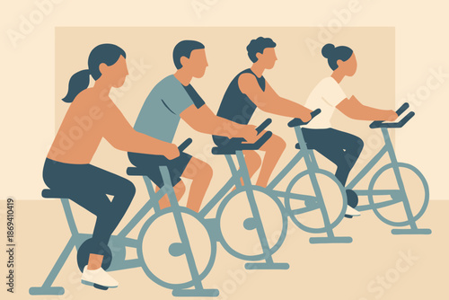 Group Fitness People Exercising on Stationary Bikes in a Gym.