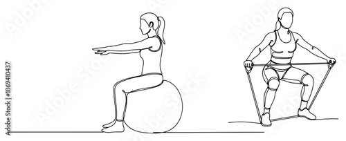 Continuous line drawing of women exercising with a stability ball and resistance bands