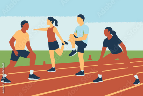 Group of Athletes Stretching on a Running Track 1.