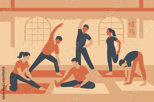 Group Yoga Class Stretching and Posing for Wellness.