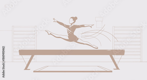 Gymnast Performing a Split Leap on Balance Beam.