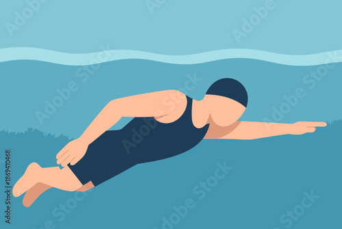 Illustration of a swimmer in a black swimsuit performing the butterfly stroke.