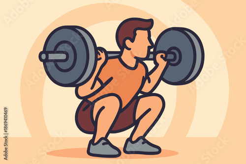 Illustration of a man doing a barbell squat exercise.
