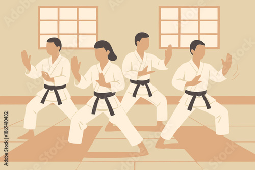 Karate Training Session Focused Martial Artists in Uniform.