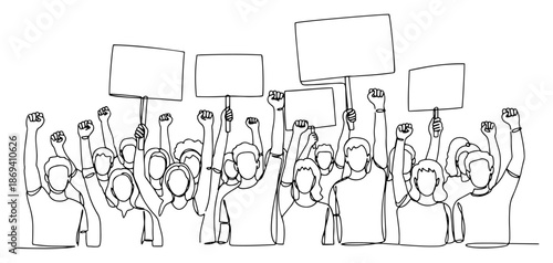 Continuous line drawing of a crowd of people protesting with blank signs and raised fists
