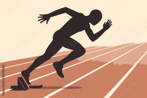 Silhouette of a sprinter starting a race on a track.