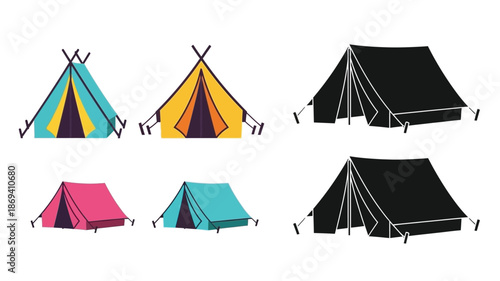 Colorful illustration of various tent designs and camping equipment