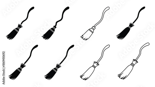 A collection of simple black and white illustrations depicting various broomsticks