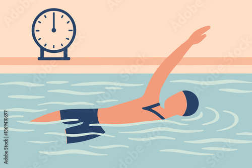 Swimmer in a pool practicing the crawl stroke with timer.