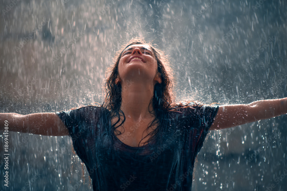 Fototapeta premium Standing in the rain, a person embraces emotions with open arms and a joyful smile Generative AI