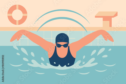 Woman swimming butterfly stroke in pool with cap and goggles.