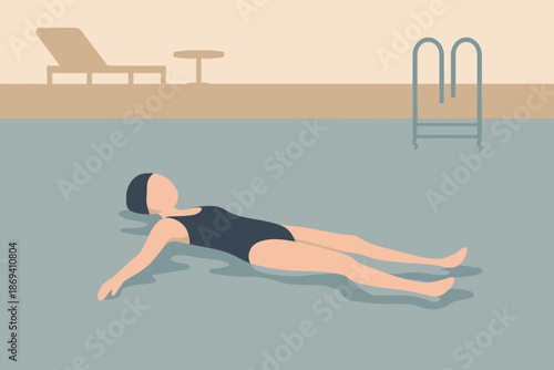 Woman Relaxing in a Swimming Pool Flat Vector Illustration.