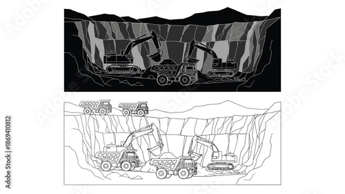 Excavation site with heavy machinery a detailed illustration of mining operations