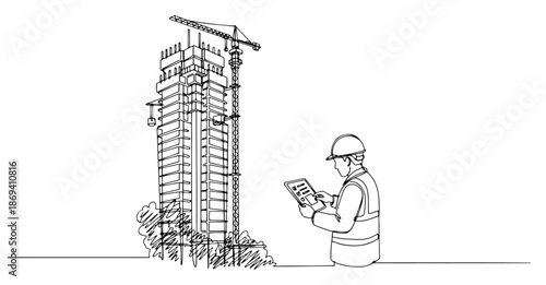 One line drawing of a construction engineer holding a tablet with a crane and skyscraper in the background