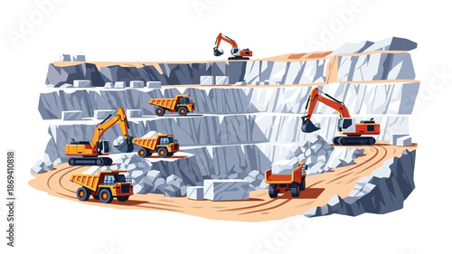 Construction site with excavators dump trucks and a rocky quarry landscape
