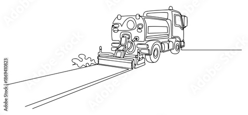 Continuous line art of a street sweeper truck cleaning the road surface with rotating brushes