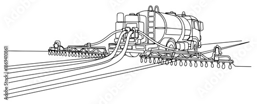 continuous line drawing of a bitumen sprayer truck working on road construction