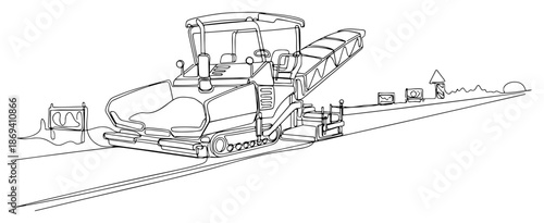 continuous line drawing of an asphalt paver machine laying new road surface