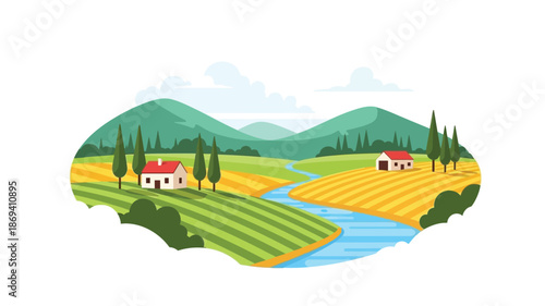 A peaceful countryside landscape with houses fields and a winding river