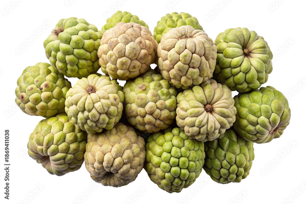 Fototapeta premium Fresh custard apples pile, green and ripe tropical fruits