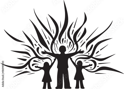 Silhouette of a man and two children with abstract art