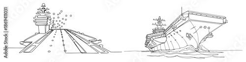 Continuous line drawing of a large military aircraft carrier sailing in the ocean