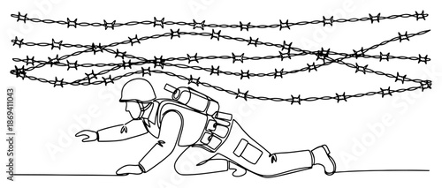 continuous line drawing of a soldier crawling under barbed wire obstacle